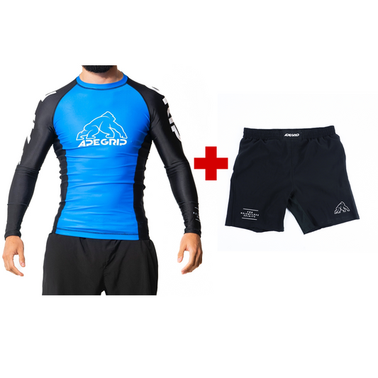 Rash guard Relentless Azul manga larga +  Short Relentless Negro NoGi