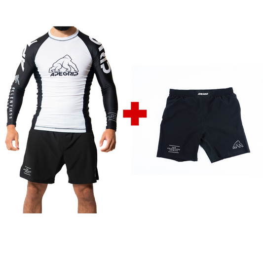 Rashguard Relentless Manga Larga blanca + Short Relentless Negro