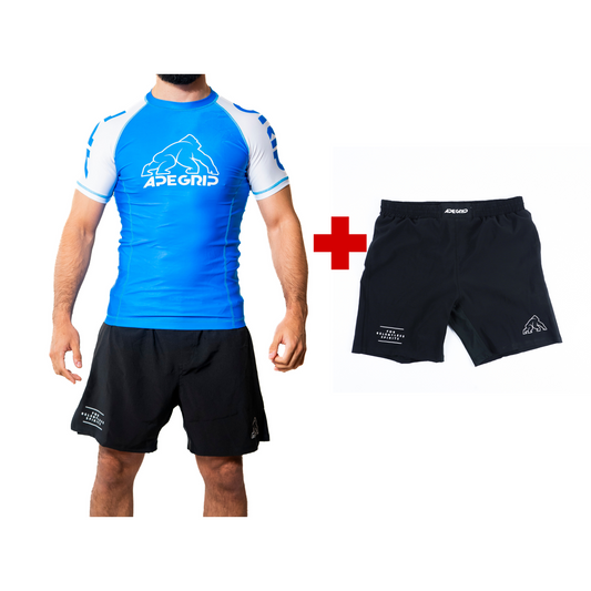 Rash Guard Manga Corta Azul + Short Negro No GI