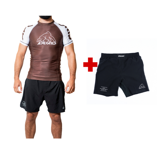 RashGuard Corta Marron + Short Negro No Gi